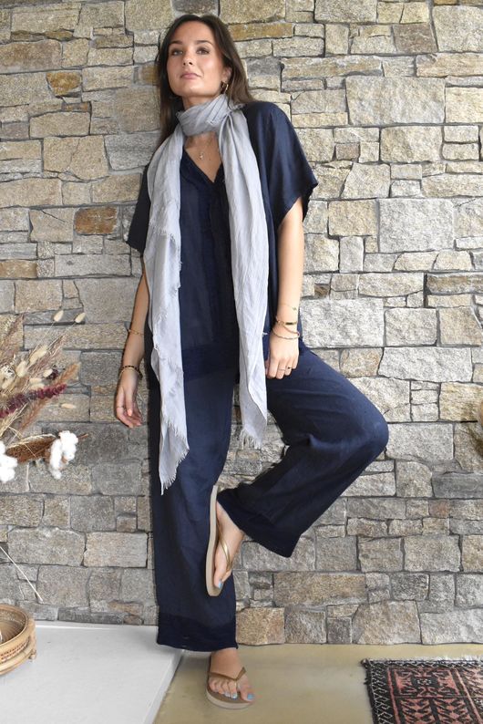 Benji Linen Wave Y Tee Navy
